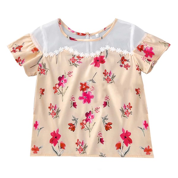 

Toddler Girls Floral Mesh Yoke Blouse, Apricot