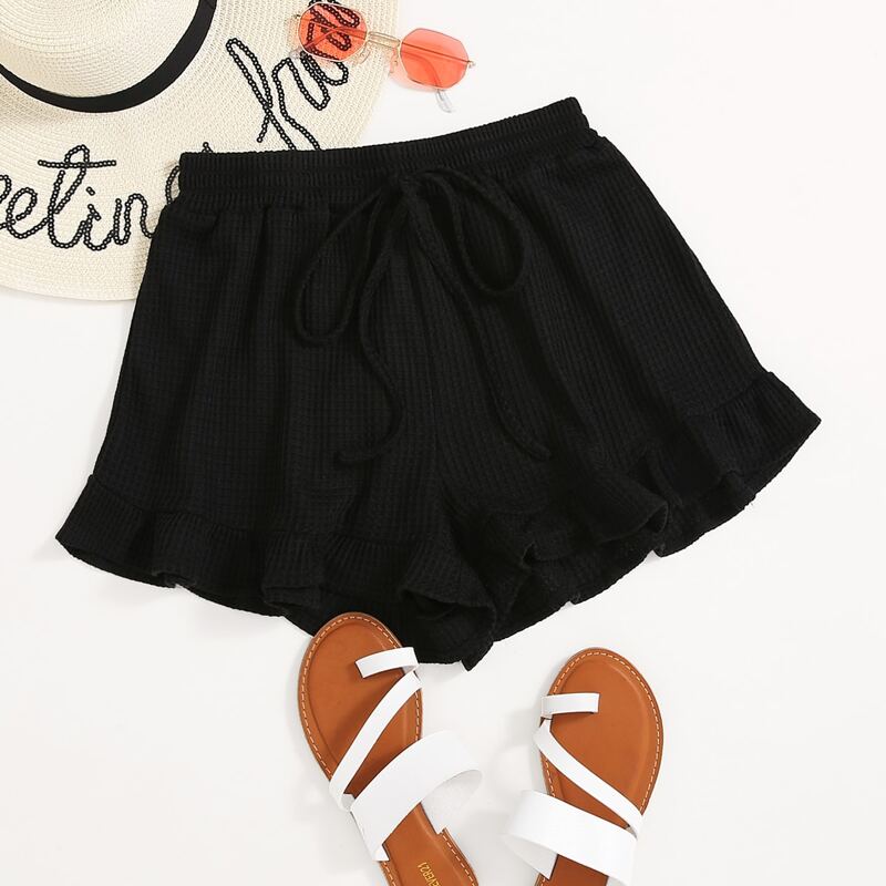 

Tie Front Ruffle Hem Shorts, Black
