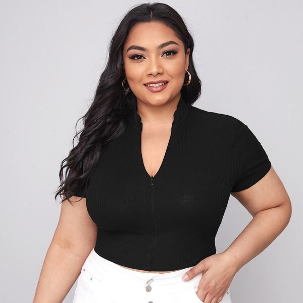 

Plus Notch Neck Zipper Placket Rib-knit Tee, Black