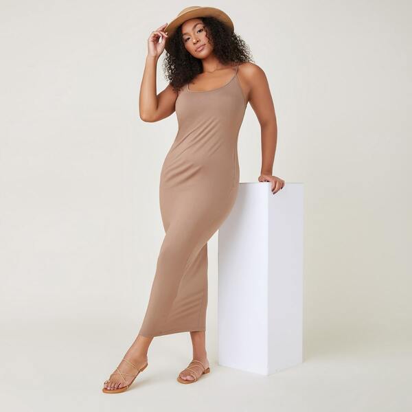 

Plus Solid Form Fitted Dress, Apricot