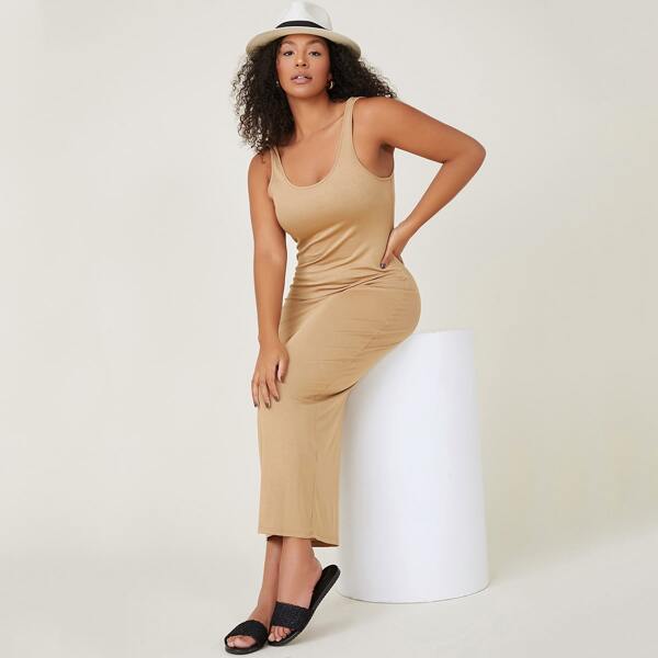 

Plus Scoop Neck Form Fitted Dress, Khaki