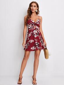 SHEIN VCAY 前扭結挖空花卉吊帶洋裝 - 酒紅色 - 查看 3