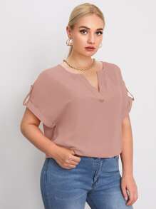 SHEIN Clasi Plus Notch Neck Roll Tab Sleeve Top - Dusty Pink - View 1