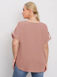 SHEIN Clasi Plus Notch Neck Roll Tab Sleeve Top - Dusty Pink - View 2