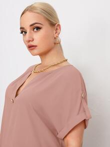 SHEIN Clasi Plus Notch Neck Roll Tab Sleeve Top - Dusty Pink - View 3