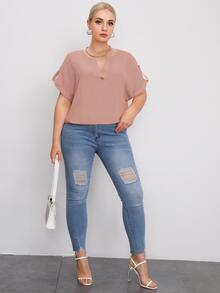 SHEIN Clasi Plus Notch Neck Roll Tab Sleeve Top - Dusty Pink - View 4