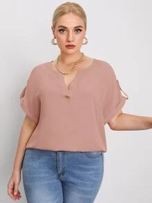 SHEIN Clasi Plus Notch Neck Roll Tab Sleeve Top - Dusty Pink - View 5