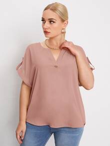 SHEIN Clasi Plus Notch Neck Roll Tab Sleeve Top - Dusty Pink - View 6