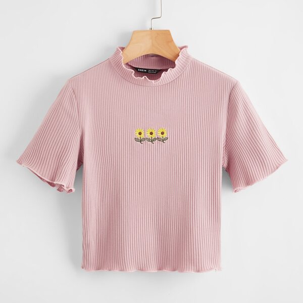 

Lettuce Trim Embroidery Floral Rib-knit Tee, Pastel dusty pink