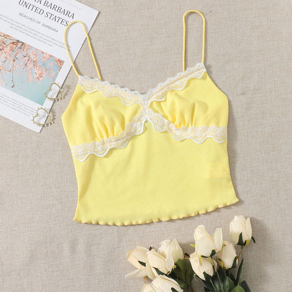 

Contrast Lace Detail Crop Cami Top, Yellow