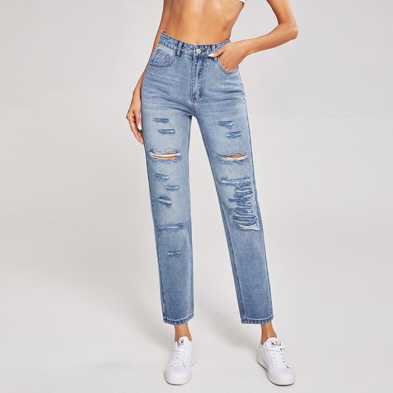 

High Waist Slant Pocket Ripped Jeans, Light wash