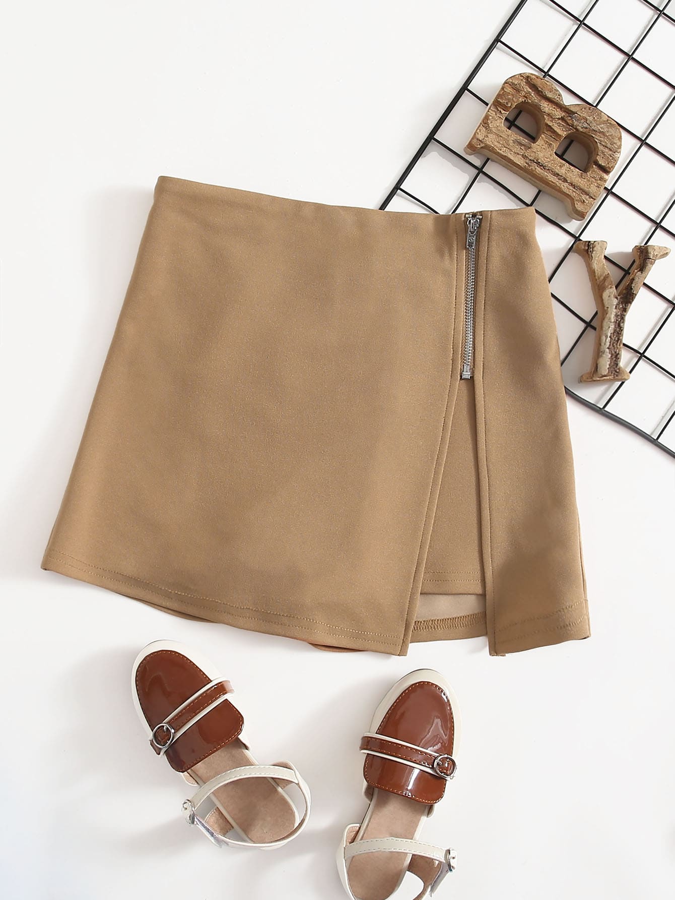 SHEIN 中學女生拉鍊收緊包裝搭裙 - 卡其色 - 查看 1