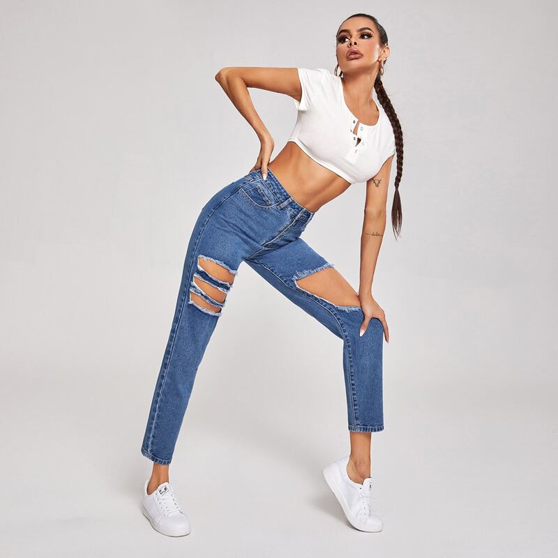 

High Waist Ripped Mom Jeans, Medium wash
