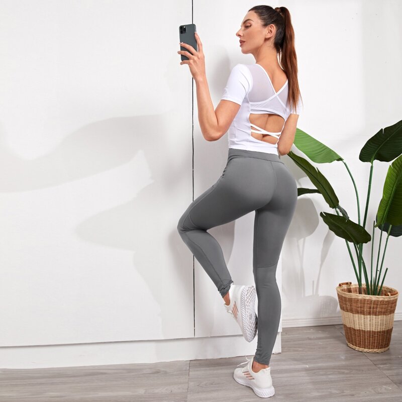 

Contrast Lace Criss Cross Back Sports Tee & Leggings, Multicolor