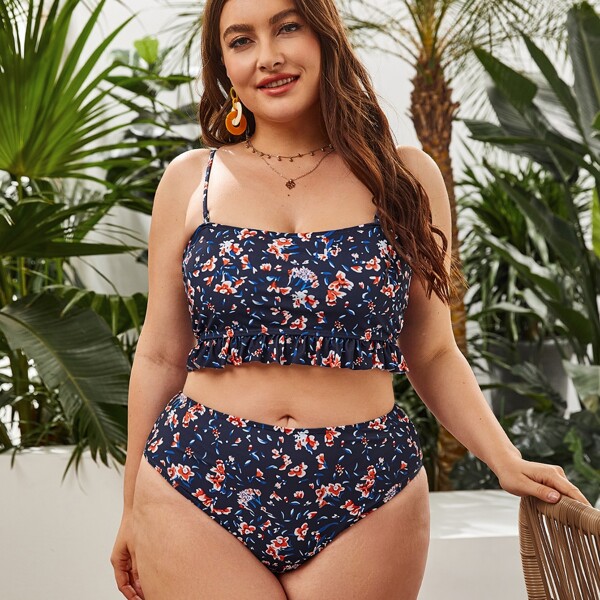 

Plus Ditsy Floral Ruffle Hem Bikini Swimsuit, Multicolor