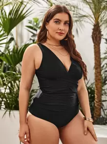 SHEIN Swim Curve Plus Ruched One Piece Swimsuit, For Summer Beach Vacation - Black - View 4