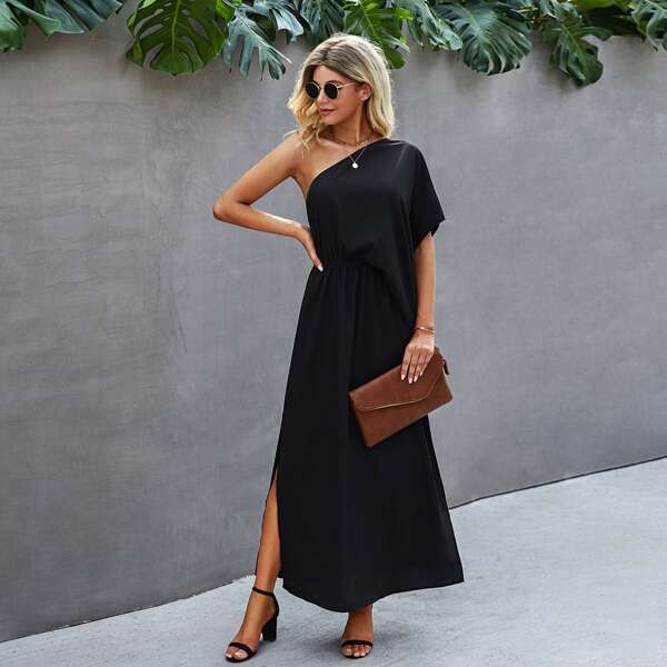 

Solid One Shoulder Split Thigh Dress, Black