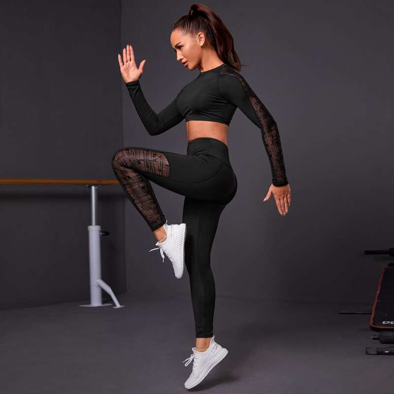 

Contrast Mesh Crop Sports Tee & Leggings, Black