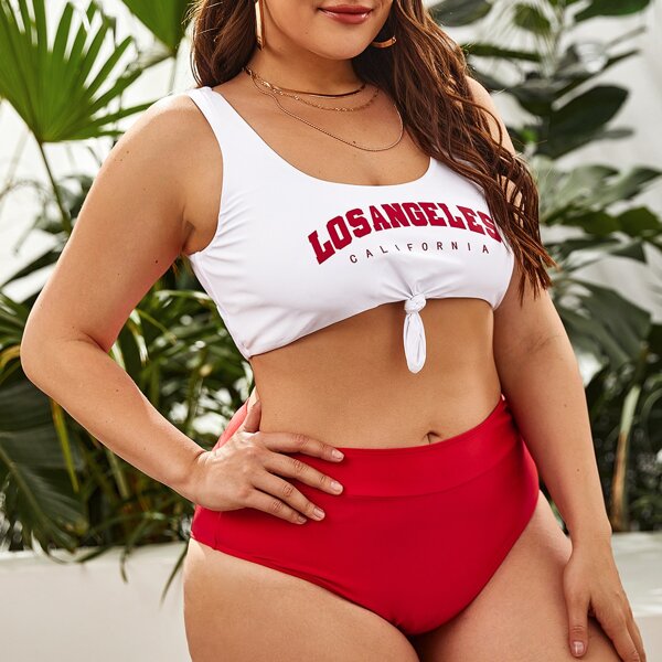 

Plus Letter Graphic Knot Hem Bikini Swimsuit, Red and white