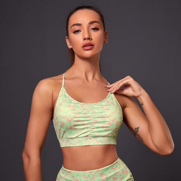 

Ditsy Floral Ruched Front Sports Bra, Lime green