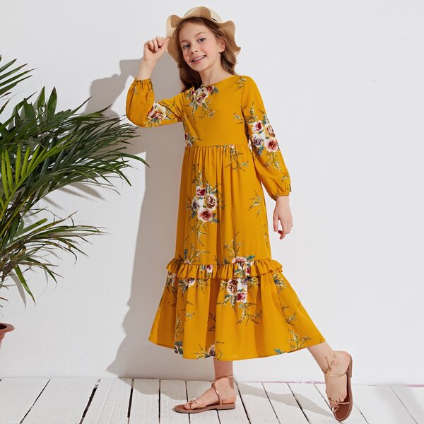 

Girls Zipper Back Ruffle Hem Floral Dress, Mustard yellow
