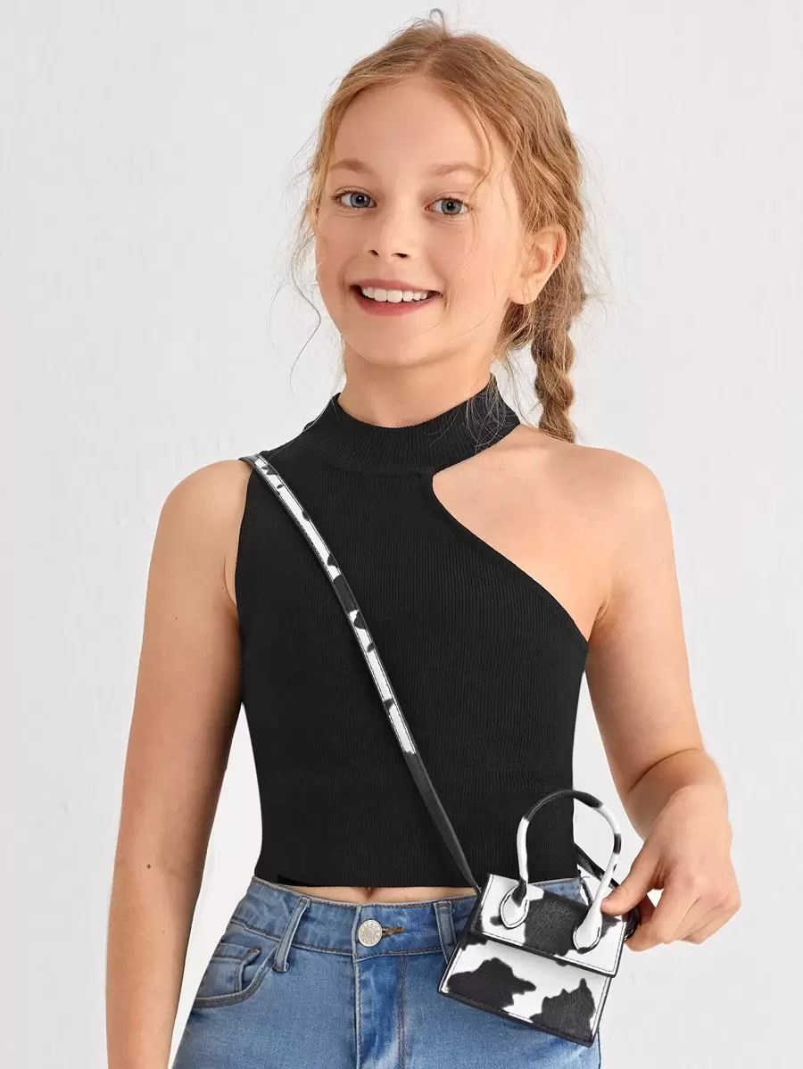 SHEIN Girls Asymmetrical Neck Sleeveless Knit Top - Black - View 1
