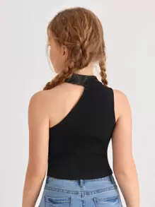 SHEIN Girls Asymmetrical Neck Sleeveless Knit Top - Black - View 2