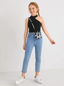 SHEIN Girls Asymmetrical Neck Sleeveless Knit Top - Black - View 3