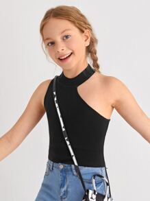 SHEIN Girls Asymmetrical Neck Sleeveless Knit Top - Black - View 4