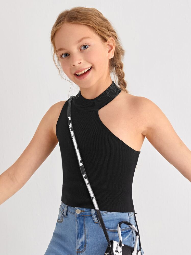 SHEIN Girls Asymmetrical Neck Sleeveless Knit Top - Black - View 4