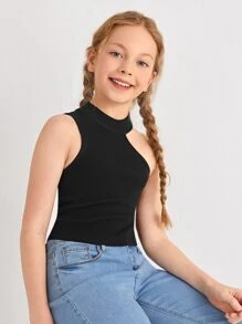 SHEIN Girls Asymmetrical Neck Sleeveless Knit Top - Black - View 5