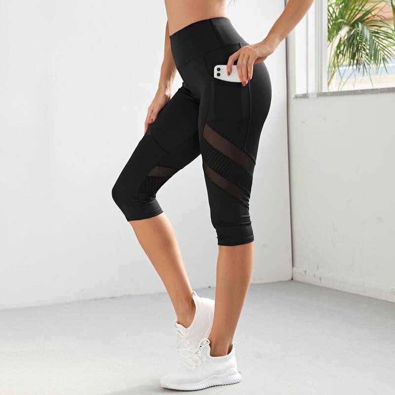 

High Stretch Contrast Mesh Sports Leggings With Phone Pocket, Black