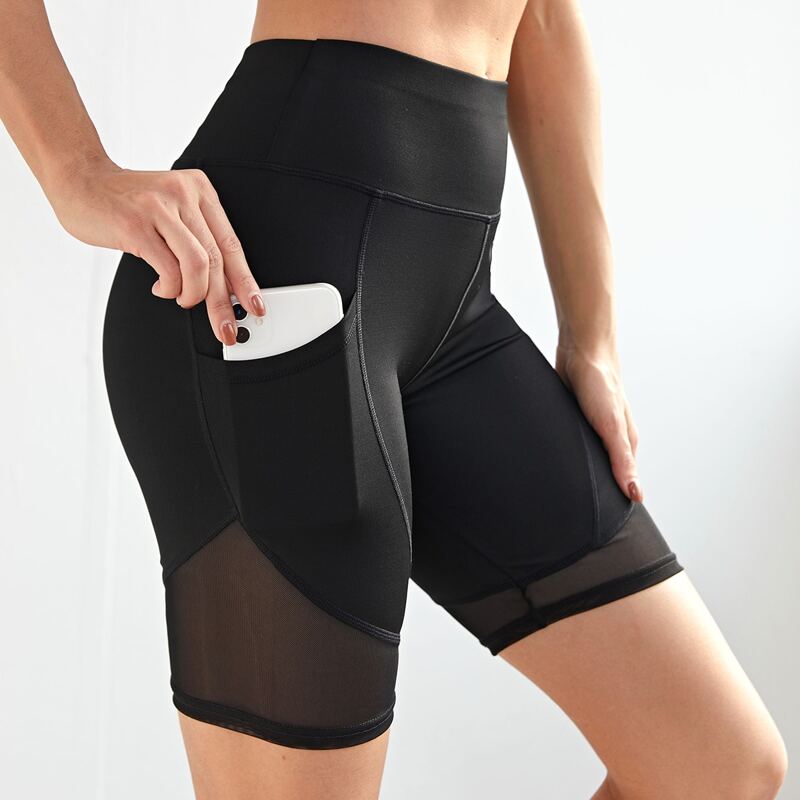 

High Stretch Contrast Mesh Biker Shorts With Phone Pocket, Black