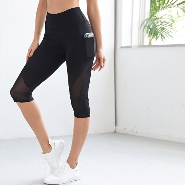 

High Stretch Contrast Mesh Sports Leggings With Phone Pocket, Black