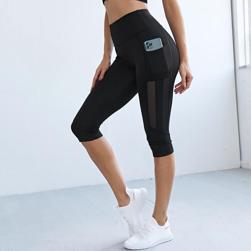 

High Stretch Contrast Mesh Sports Leggings With Phone Pocket, Black