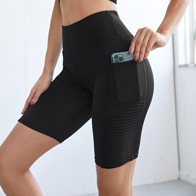 

High Stretch Wide Band Waist Biker Shorts With Phone Pocket, Black