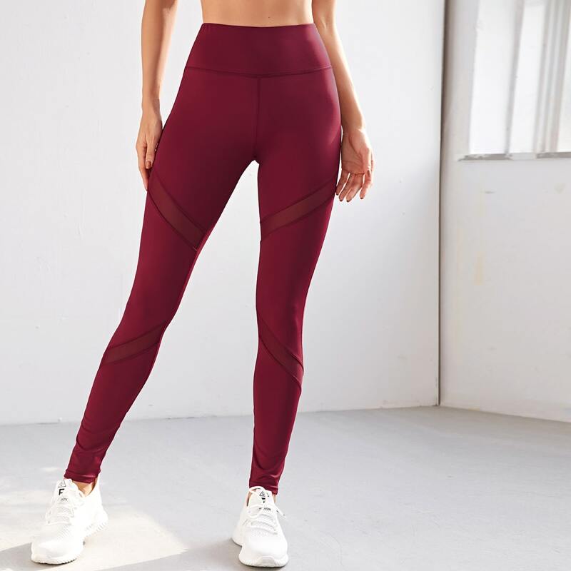 

Contrast Mesh Wide Band Waist Sports Leggings, Burgundy