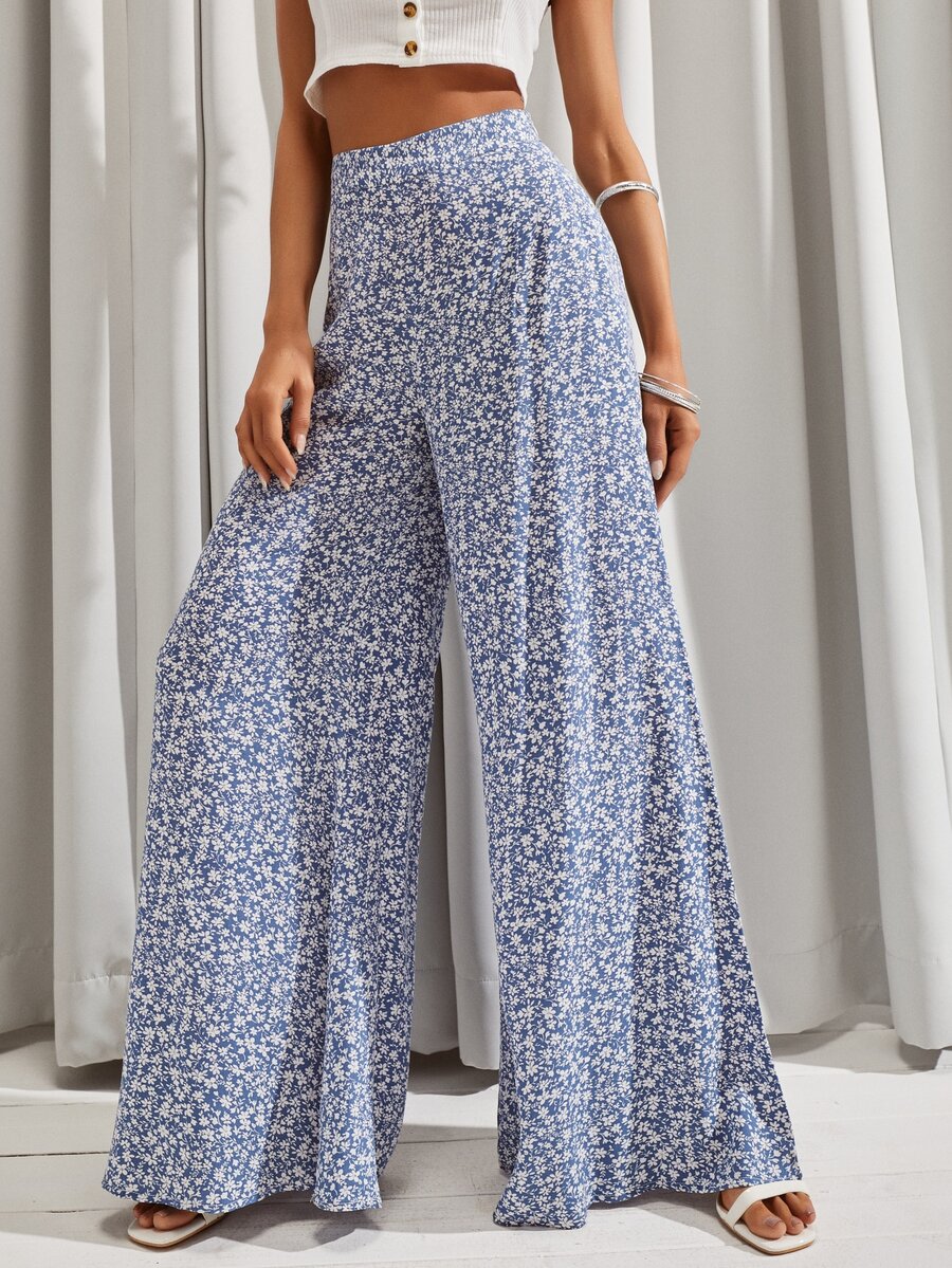 Ditsy Floral Wide Leg Trousers - Blue and White - View 1