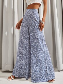 Ditsy Floral Wide Leg Trousers - Blue and White - View 4