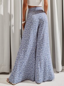 Ditsy Floral Wide Leg Trousers - Blue and White - View 5