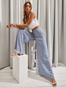 Ditsy Floral Wide Leg Trousers - Blue and White - View 7