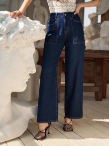 SHEIN 闊腿牛仔褲 - 深色水洗藍 - 查看 1