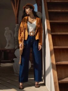 SHEIN 闊腿牛仔褲 - 深色水洗藍 - 查看 2