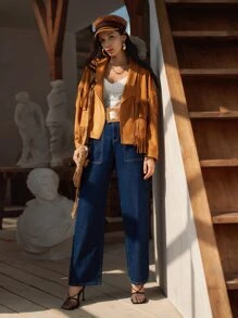 SHEIN 闊腿牛仔褲 - 深色水洗藍 - 查看 3