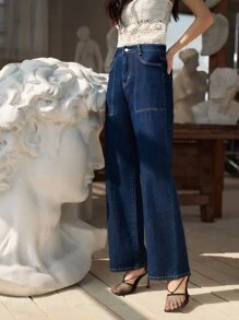 SHEIN 闊腿牛仔褲 - 深色水洗藍 - 查看 4