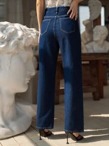 SHEIN 闊腿牛仔褲 - 深色水洗藍 - 查看 5