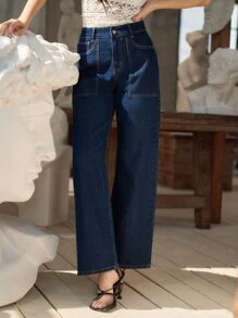 SHEIN 闊腿牛仔褲 - 深色水洗藍 - 查看 6