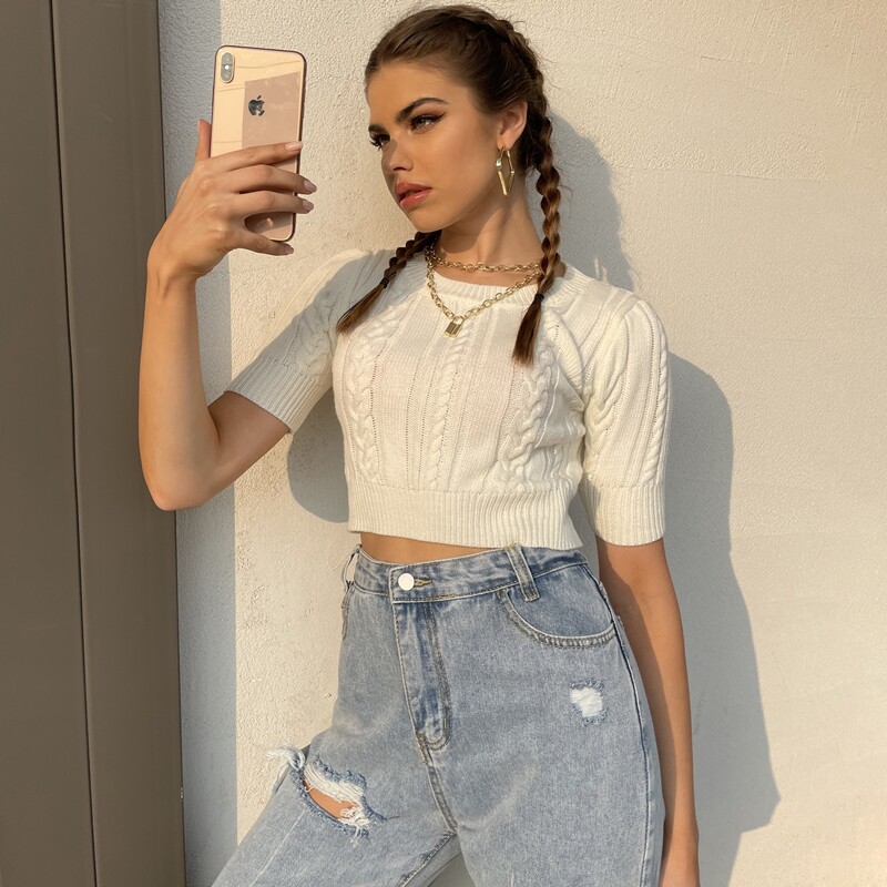 

Solid Crop Cable Knit Top, White