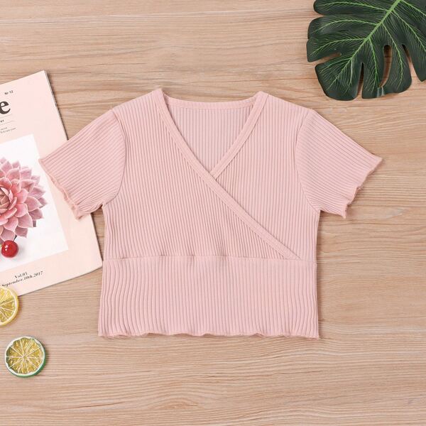 

Toddler Girls Surplice Neck Rib-knit Tee, Baby pink