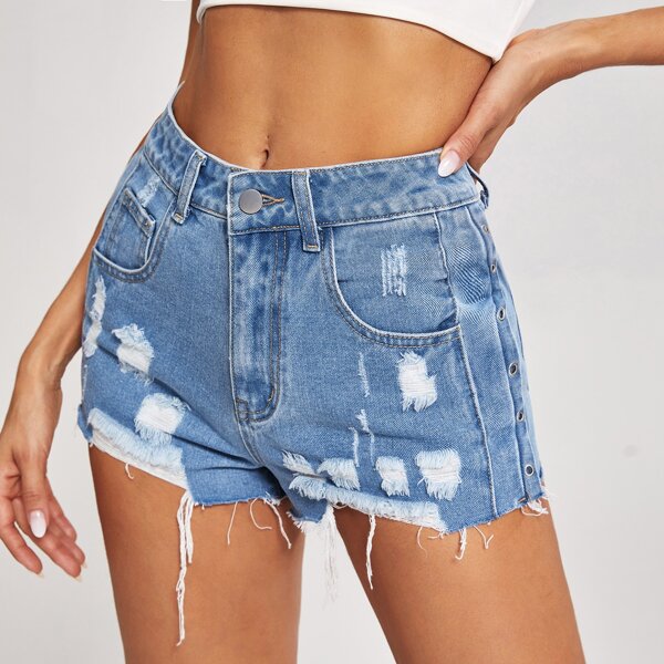 

Zipper Fly Ripped Detail Raw Hem Denim Shorts, Light wash